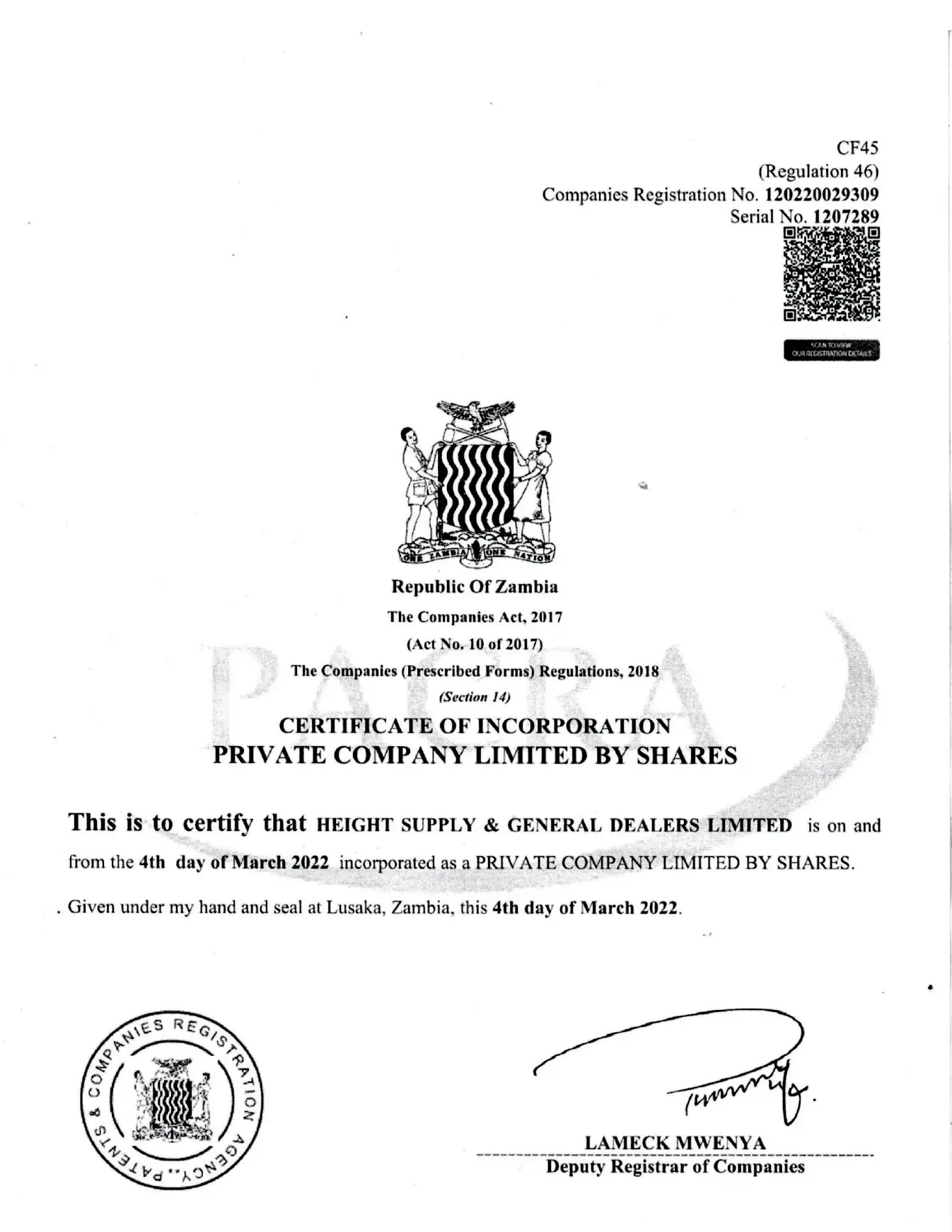 Patents and Companies Registration Agency certificate: Certificate of Incorporation, Private Company Limited by Shares, Companies Act 2017