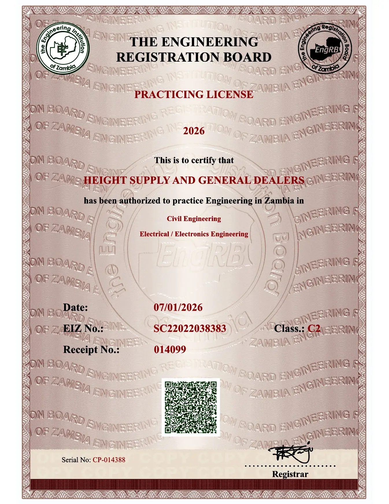 Engineering Registration Board certificate: Practising Licence 2026, Class C2, Civil Engineering and Electrical / Electronics Engineering