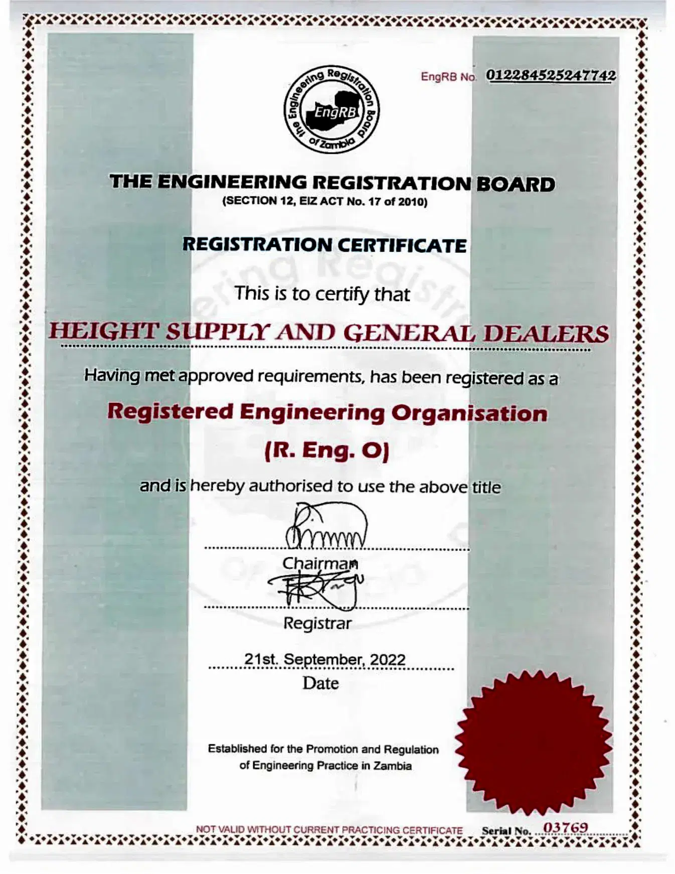 Engineering Registration Board certificate: Registered Engineering Organisation, R.Eng.O, valid only alongside a current practising licence