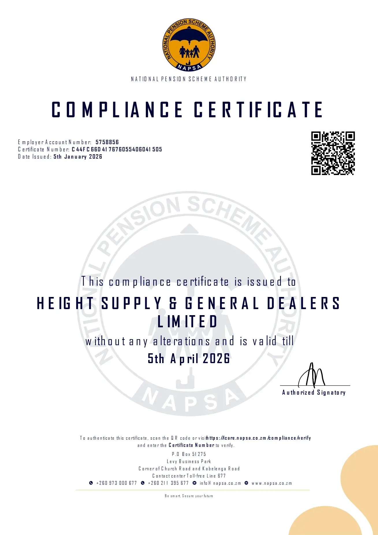 National Pension Scheme Authority certificate: Compliance certificate, Employer account 5758856, renews quarterly