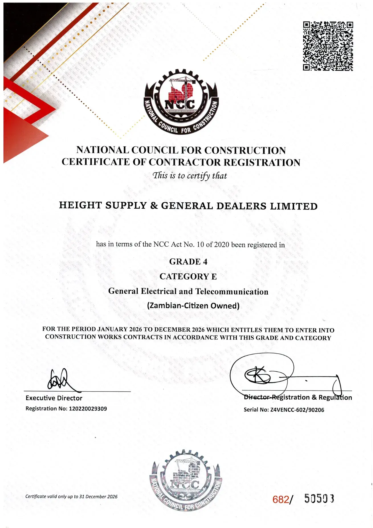 National Council for Construction certificate: Grade 4, Category E, General Electrical and Telecommunication