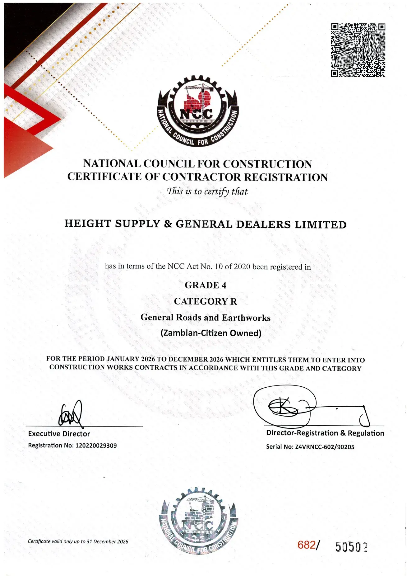 National Council for Construction certificate: Grade 4, Category R, General Roads and Earthworks