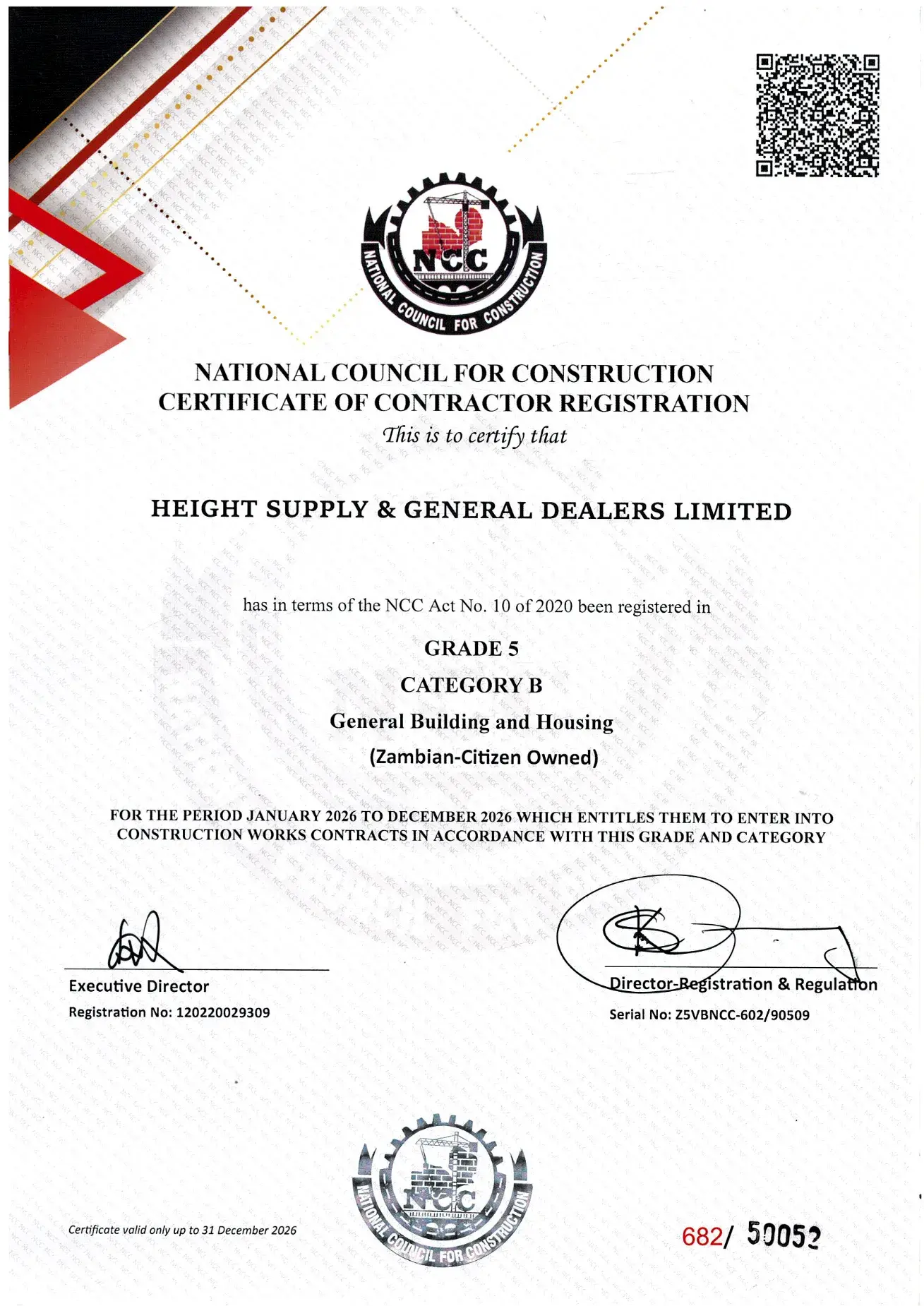 National Council for Construction certificate: Grade 5, Category B, General Building and Housing