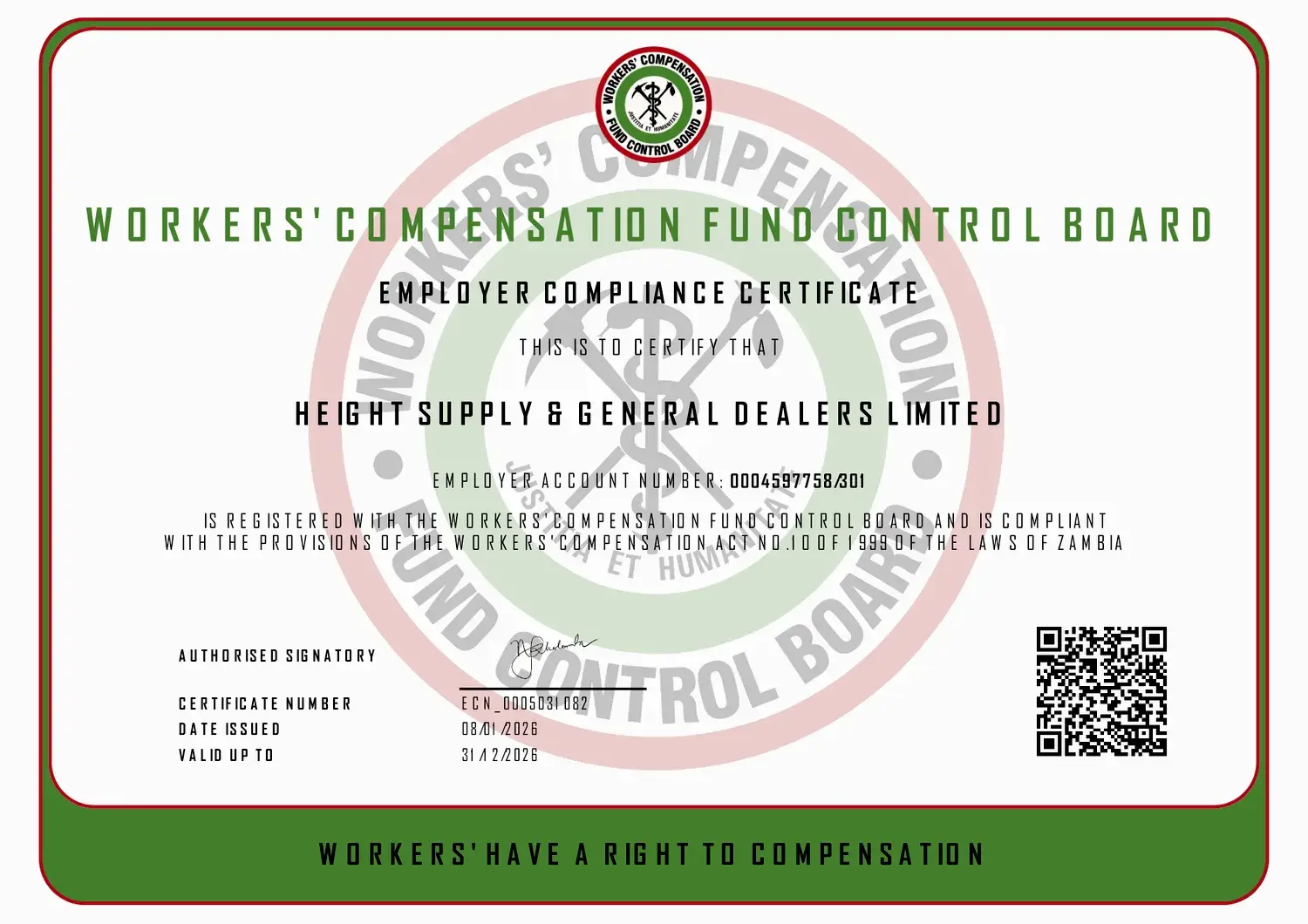 Workers' Compensation Fund Control Board certificate: Employer compliance certificate, Employer account 0004597758/301