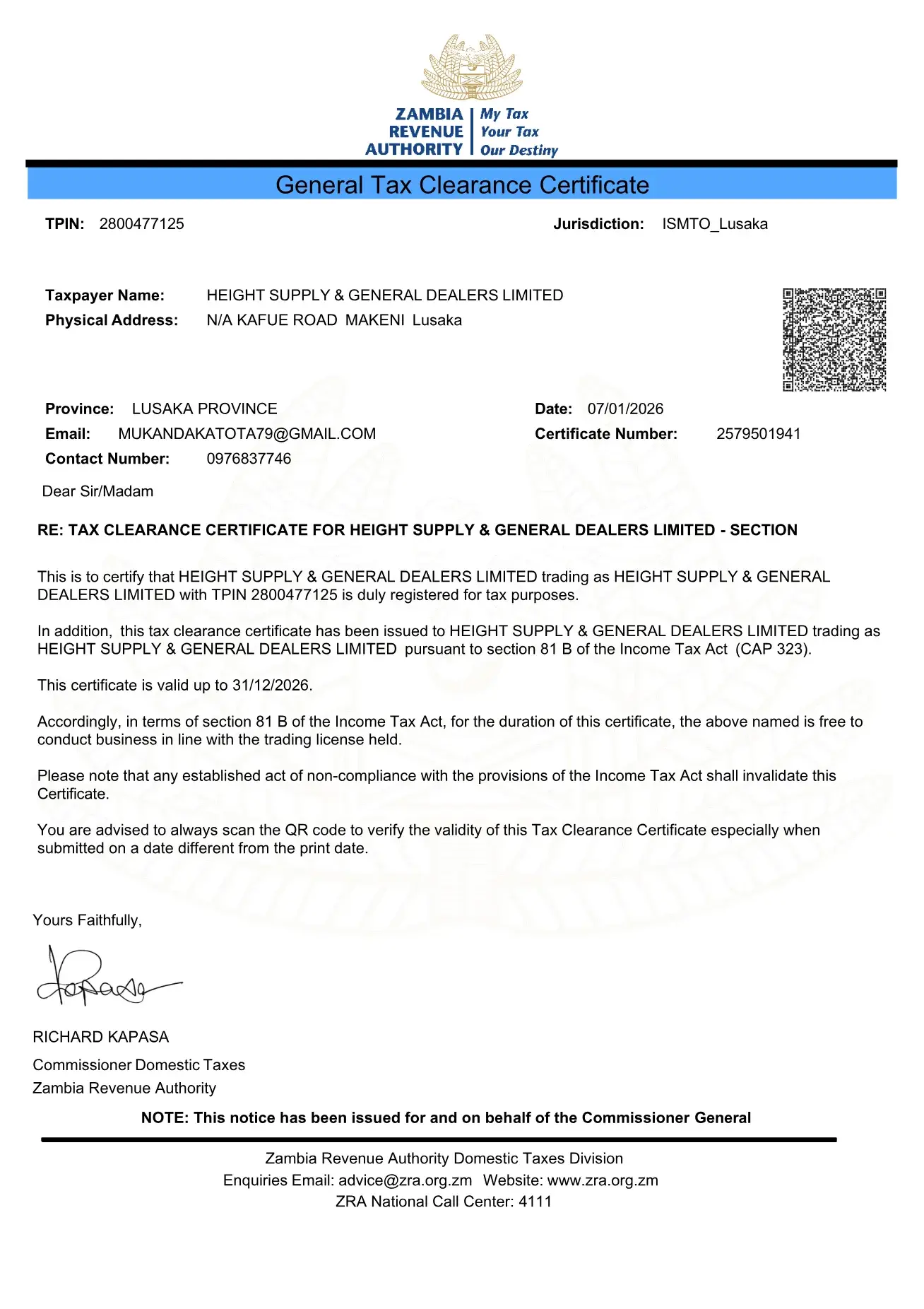 Zambia Revenue Authority certificate: Tax Clearance Certificate, Issued under section 81B of the Income Tax Act