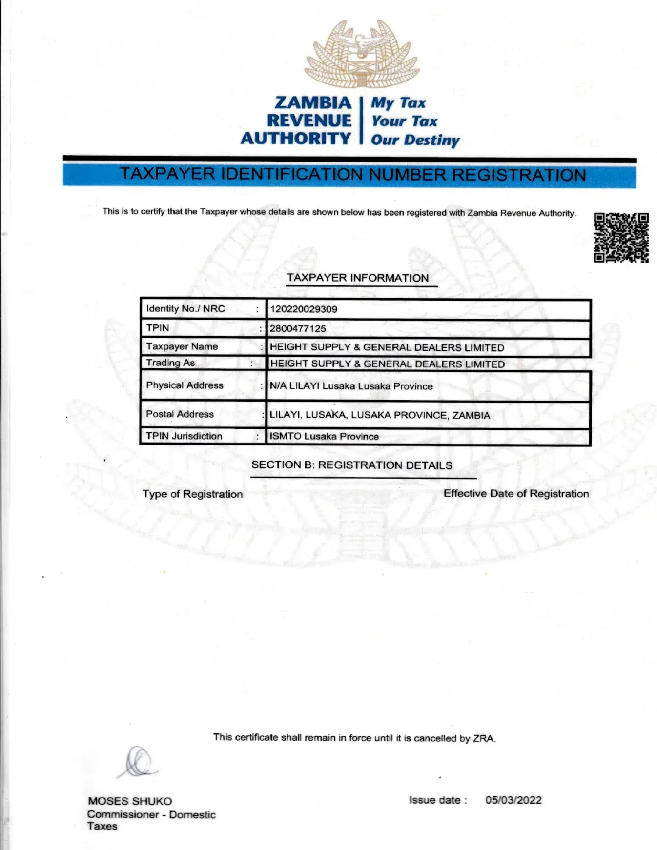 Zambia Revenue Authority certificate: Taxpayer Identification Number, In force until cancelled